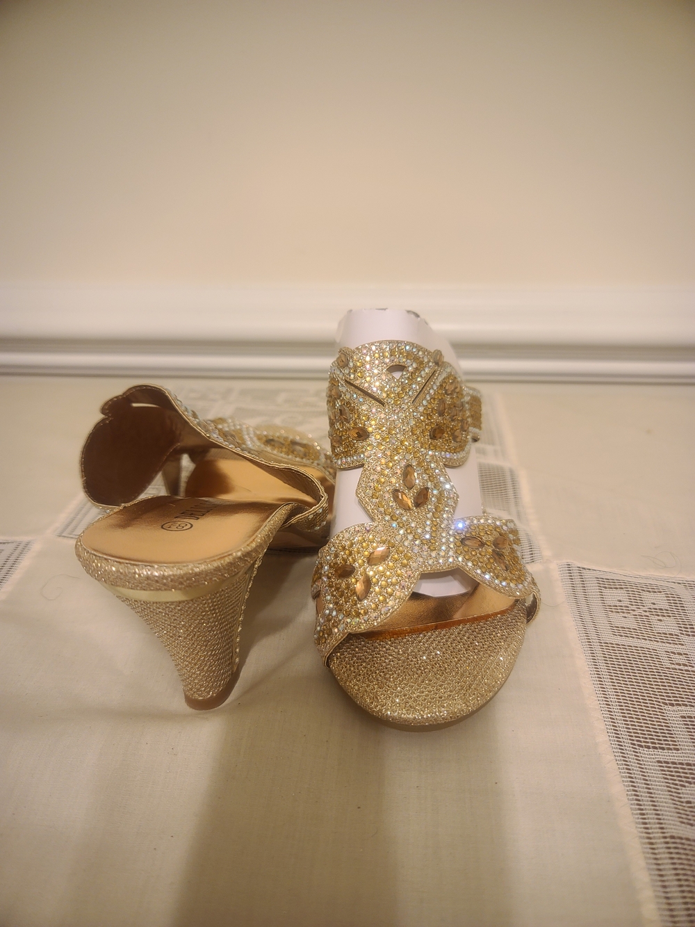 Gold Beaded Women's Dress Sandals - Elegant Slip-On Heels